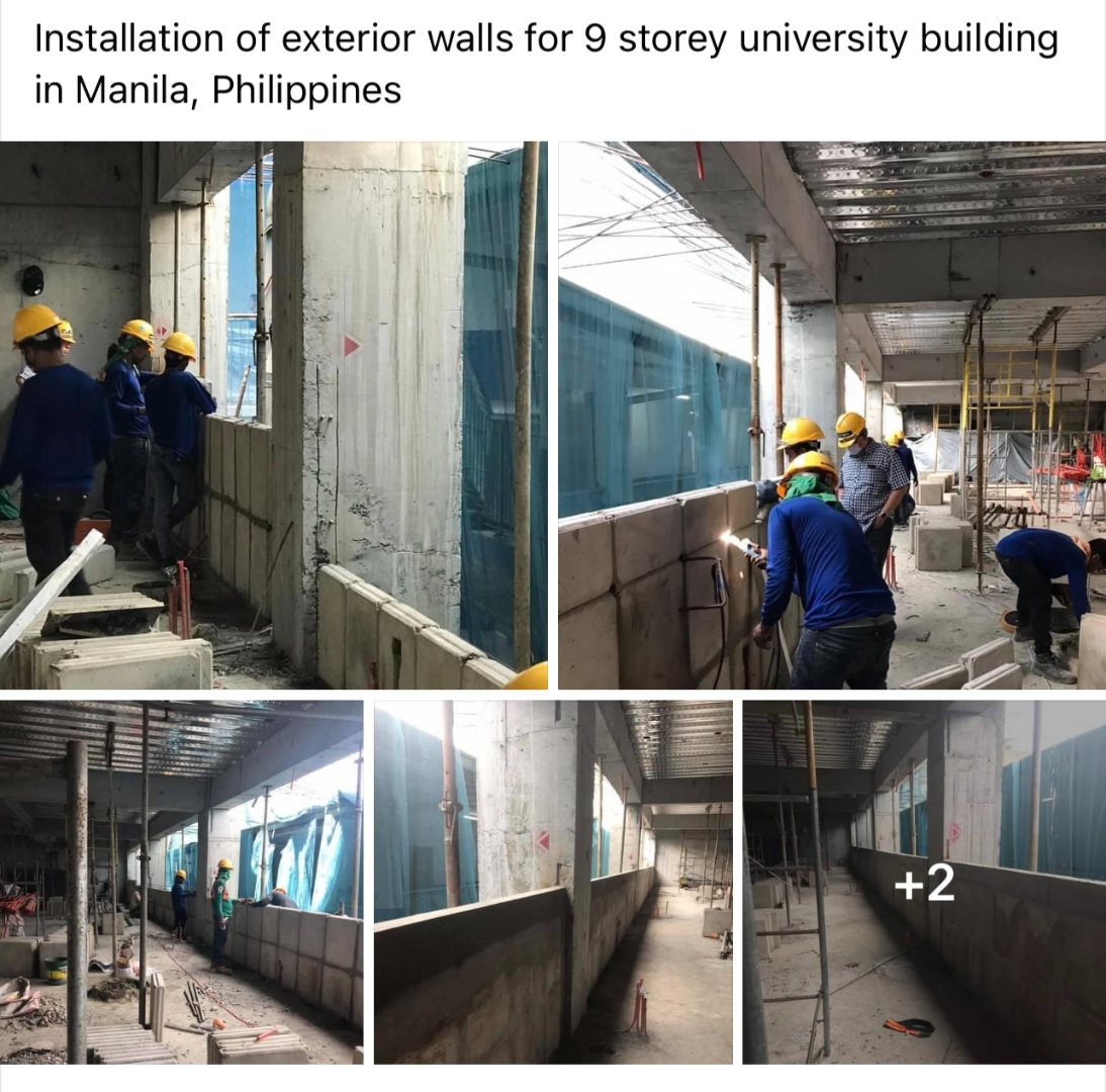Installation of exterior walls for 9-storey university building in Manila, Philippines